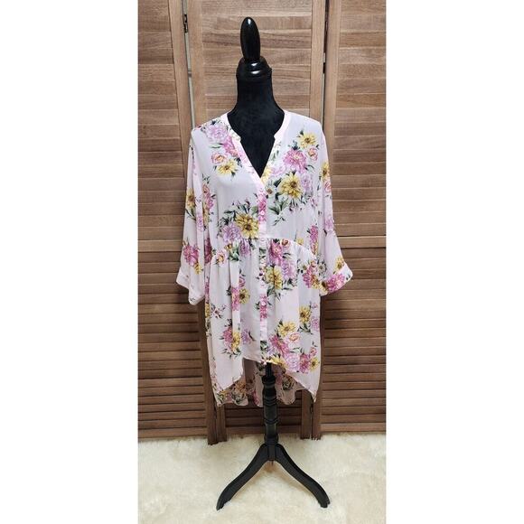 Torrid Sheer Pink Floral Lexie Hi Lo Tunic Plus Size 3X Button-Up Romantic Top - Picture 2 of 8